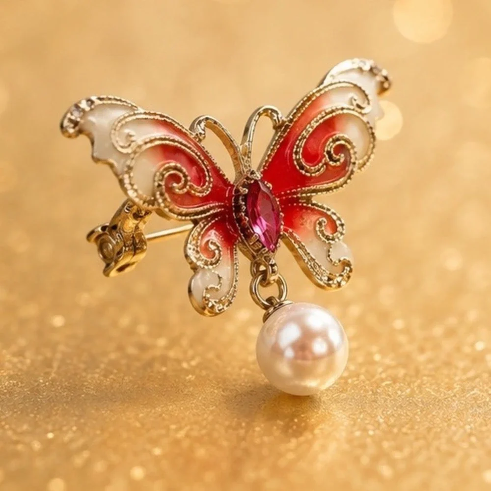 Enamel Butterfly Brooch Gold Tone Filigree Red Crystal Dangle Pearlescent Pin